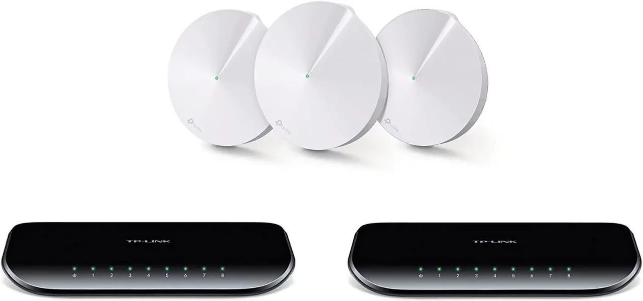 Main image of TP-Link Deco M5 Whole Home Mesh WiFi System 3-Pack and 2 TP-Link 8-Port Gigabit Desktop Switches (TL-SG1008D)