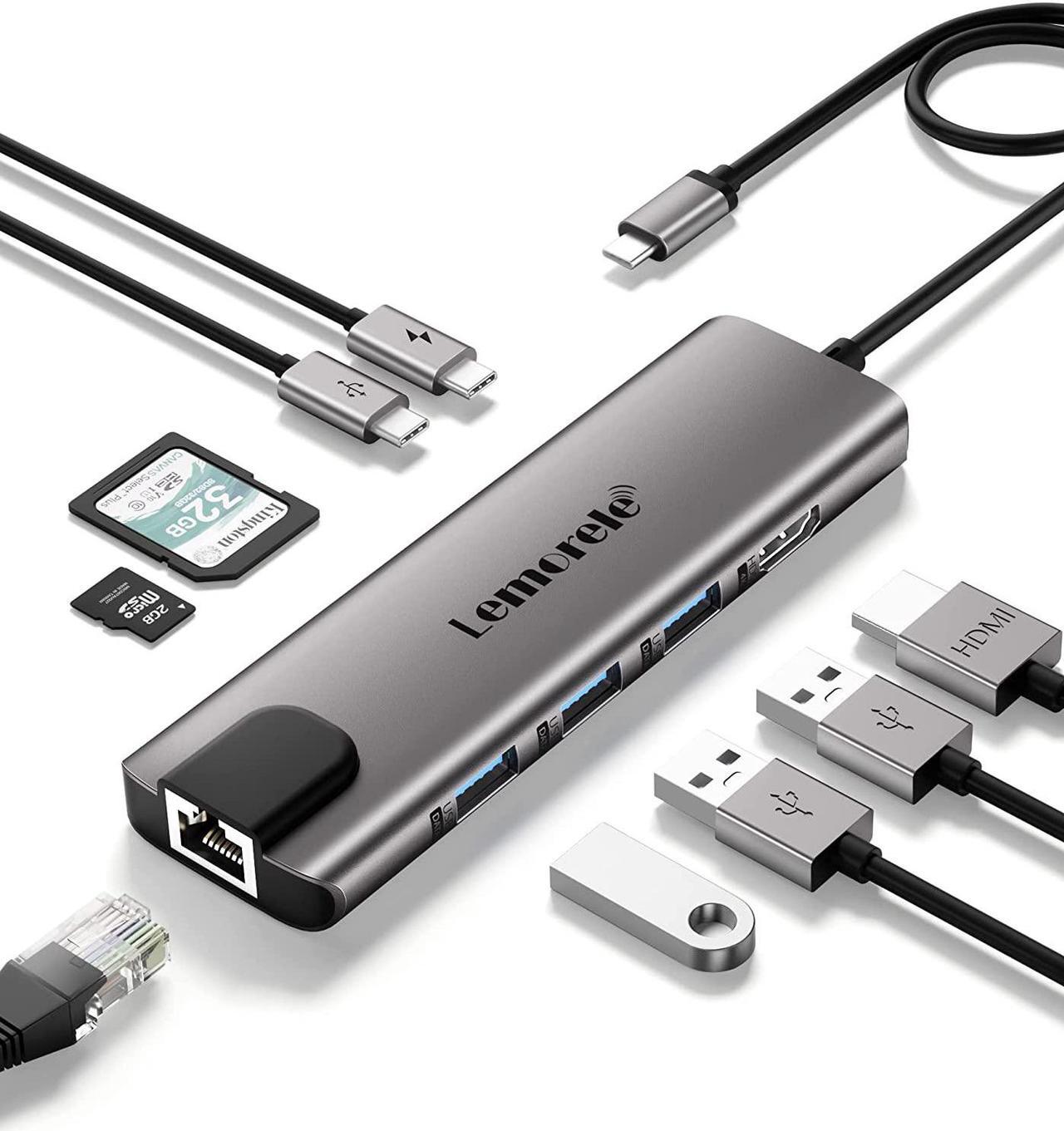 Main image of USB C Hub, Lemorele 9 in 1 USB C Hub Multiport Adapter w/Gigabit Ethernet, 100W PD, HDMI 4K, USB 0.0, USB C Data Port, SD/TF Card Reader, Dongle Docking Station for MacBook Pro Steam Deck Laptops