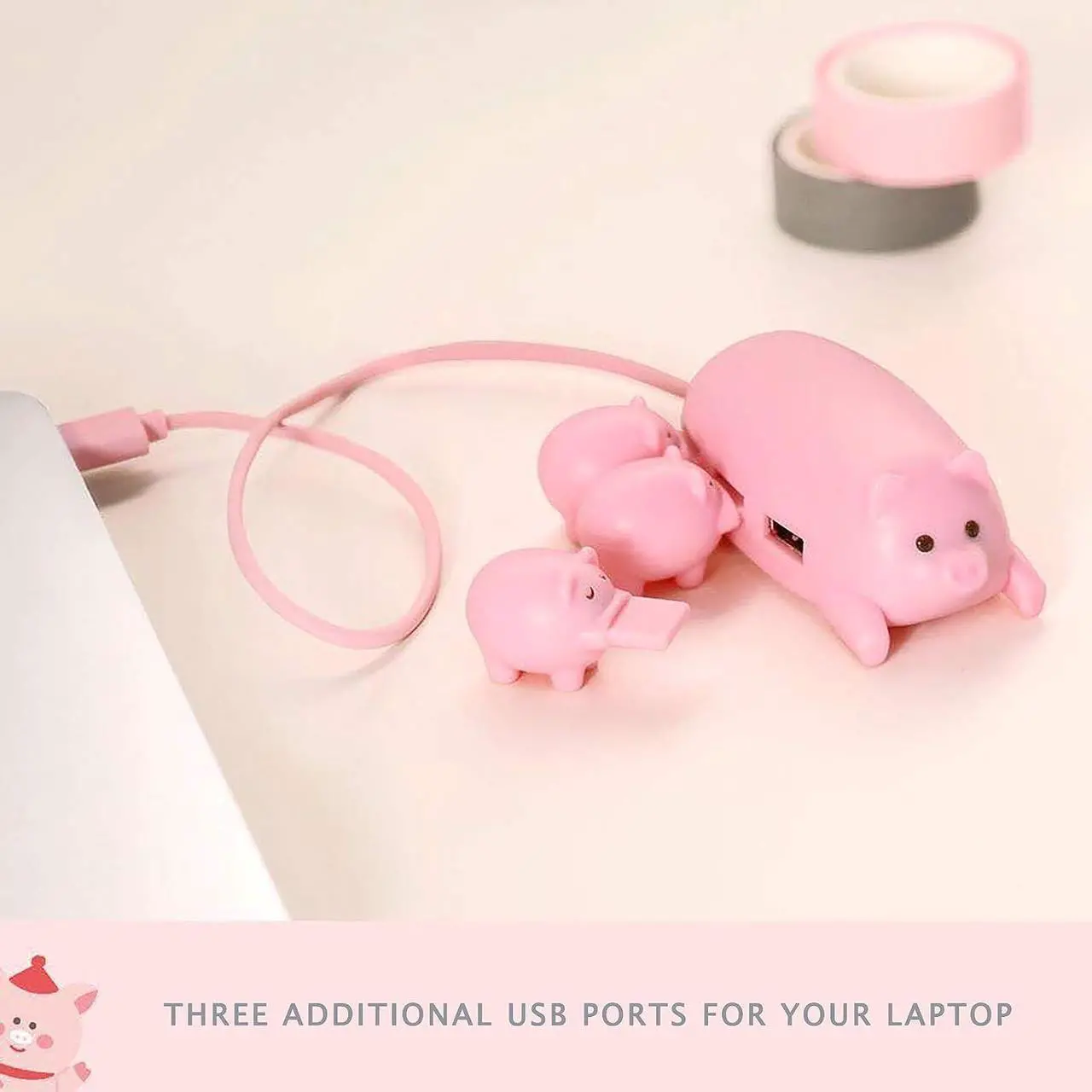 Alt view image 2 of 7 - Cute USB Hub, JoyReken Pink Mom Pig USB Hub with 3 Piglet Decoration Lids, Great Gifts for Pig Lovers Cute Pig Stuff Pig Decorations Animal Hub Pink Computer Accessories