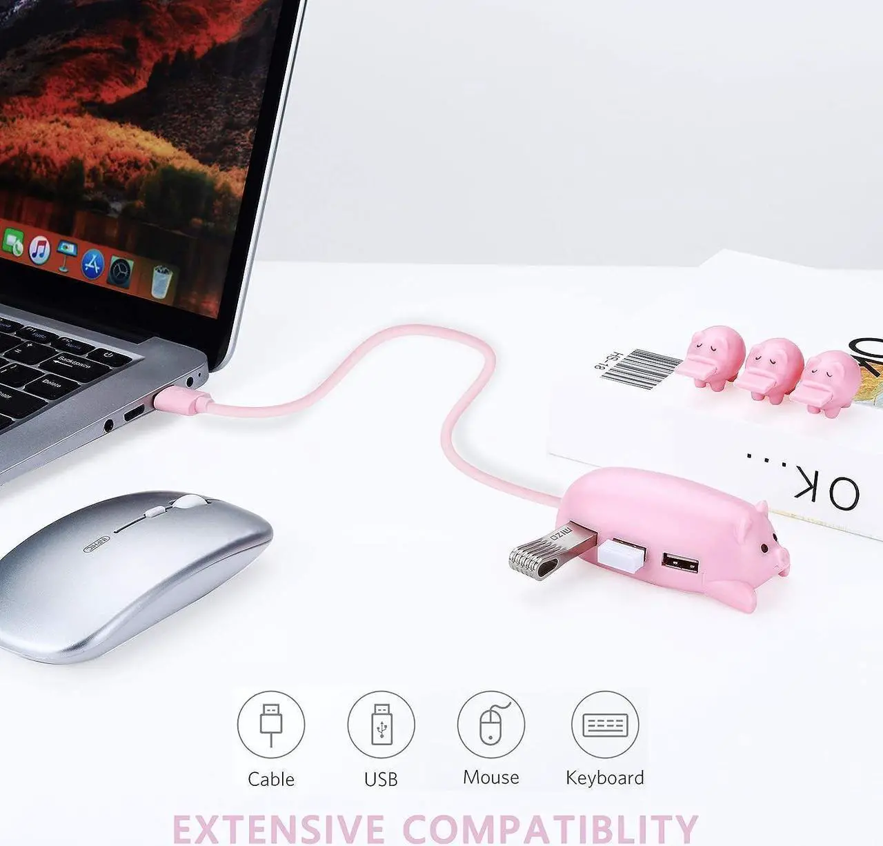 Alt view image 4 of 7 - Cute USB Hub, JoyReken Pink Mom Pig USB Hub with 3 Piglet Decoration Lids, Great Gifts for Pig Lovers Cute Pig Stuff Pig Decorations Animal Hub Pink Computer Accessories