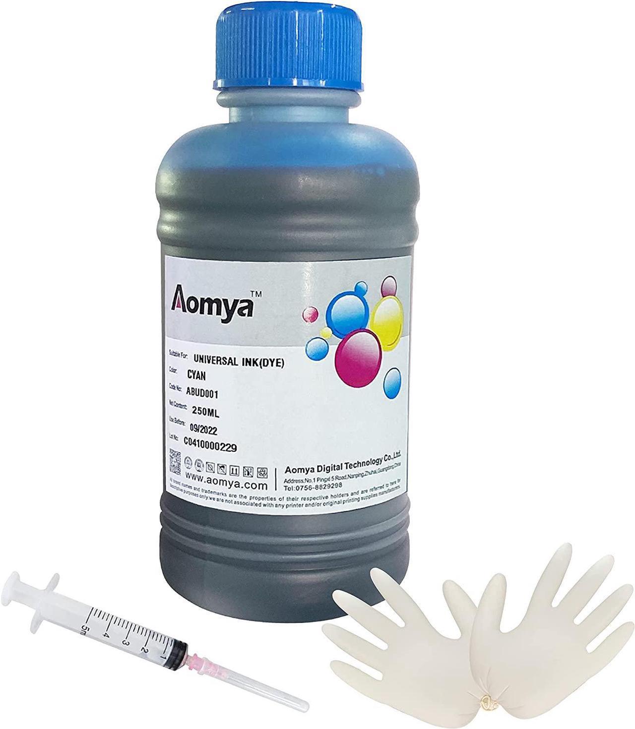 Aomya Ink Refill Kit 250ml Cyan Universal Dye Bulk Ink for Canon HP Epsn Brother Inkjet Printers Refillable Cartridge CISS CIS System (9 oz) with Syringe&Glove