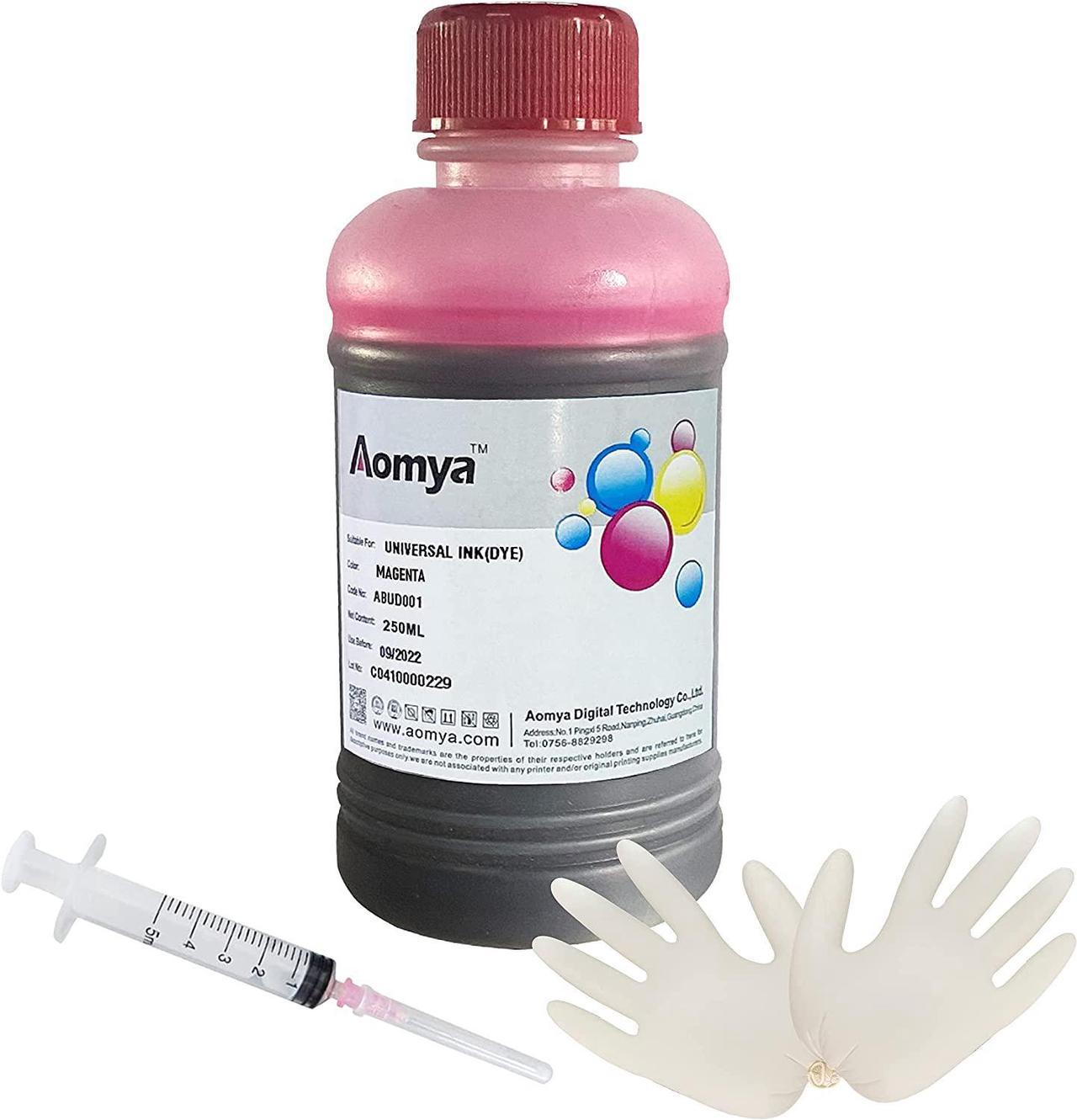 Aomya Ink Refill Kit 250ml Magenta Universal Dye Bulk Ink for Canon HP Epsn Brother Inkjet Printers Refillable Cartridge CISS CIS System (9 oz) with Syringe&Glove