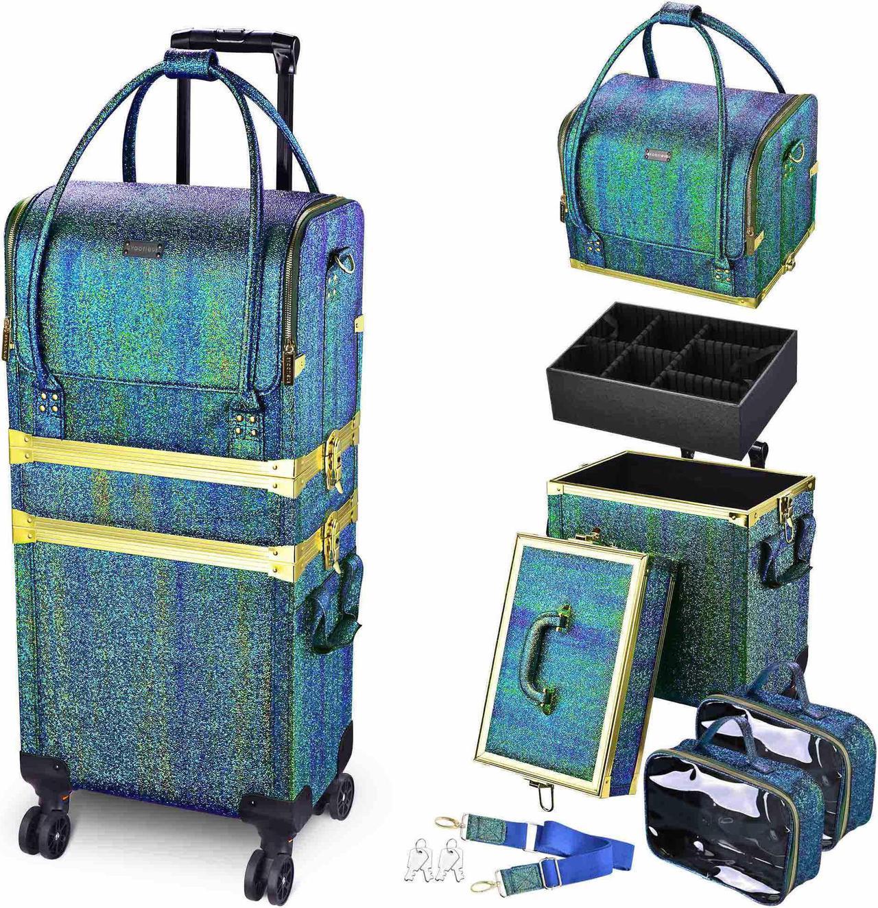 Byootique Malachite Green Makeup Train Case Lockable Rolling Cosmetic Trolley