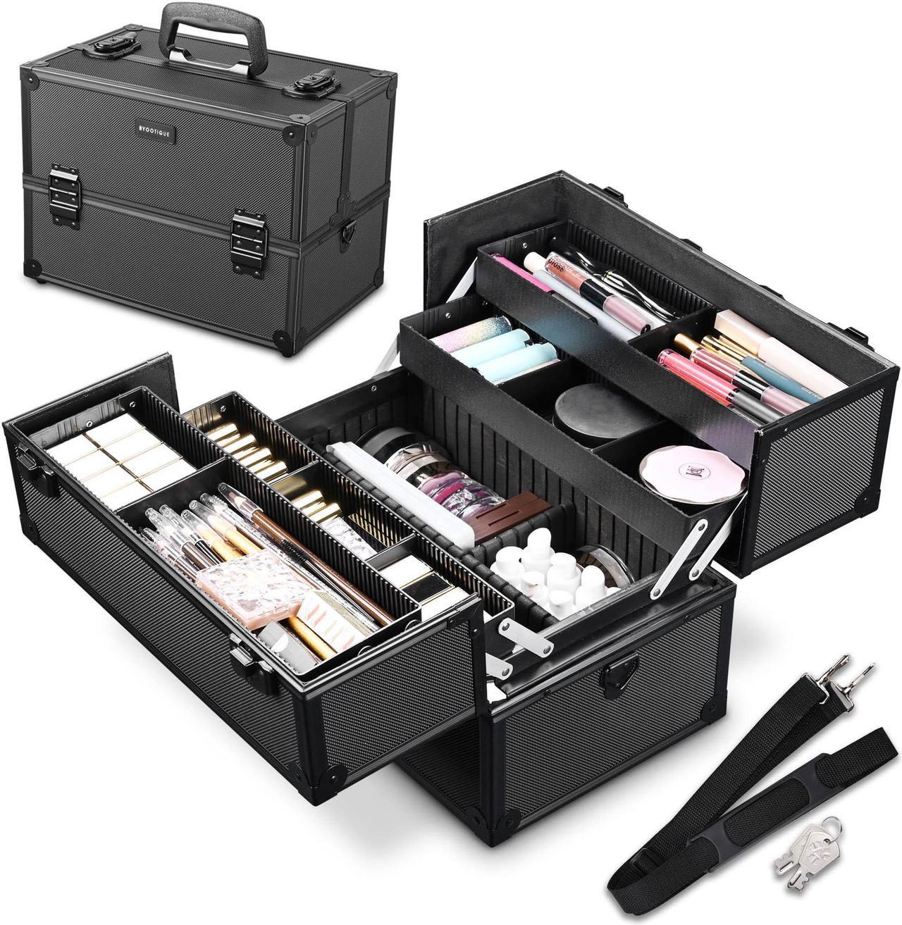 Main image of AW Pro Lockable Aluminum Makeup Case Cosmetic Storage Box w/ Tiers Jewelry Bag Black