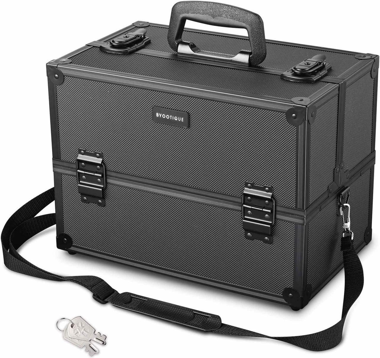 Alt view image 2 of 7 - AW Pro Lockable Aluminum Makeup Case Cosmetic Storage Box w/ Tiers Jewelry Bag Black