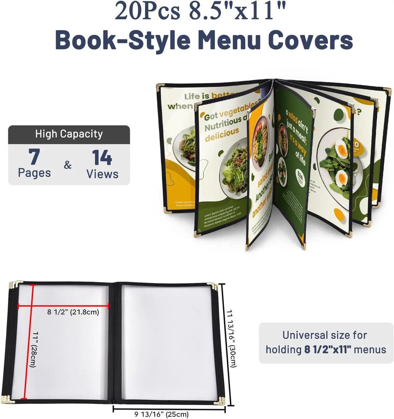 Alt view image 2 of 6 - WeChef 20 Pack Restaurant Menu Covers 8.5 x 11 Book Style 7 Pages 14 Views Black