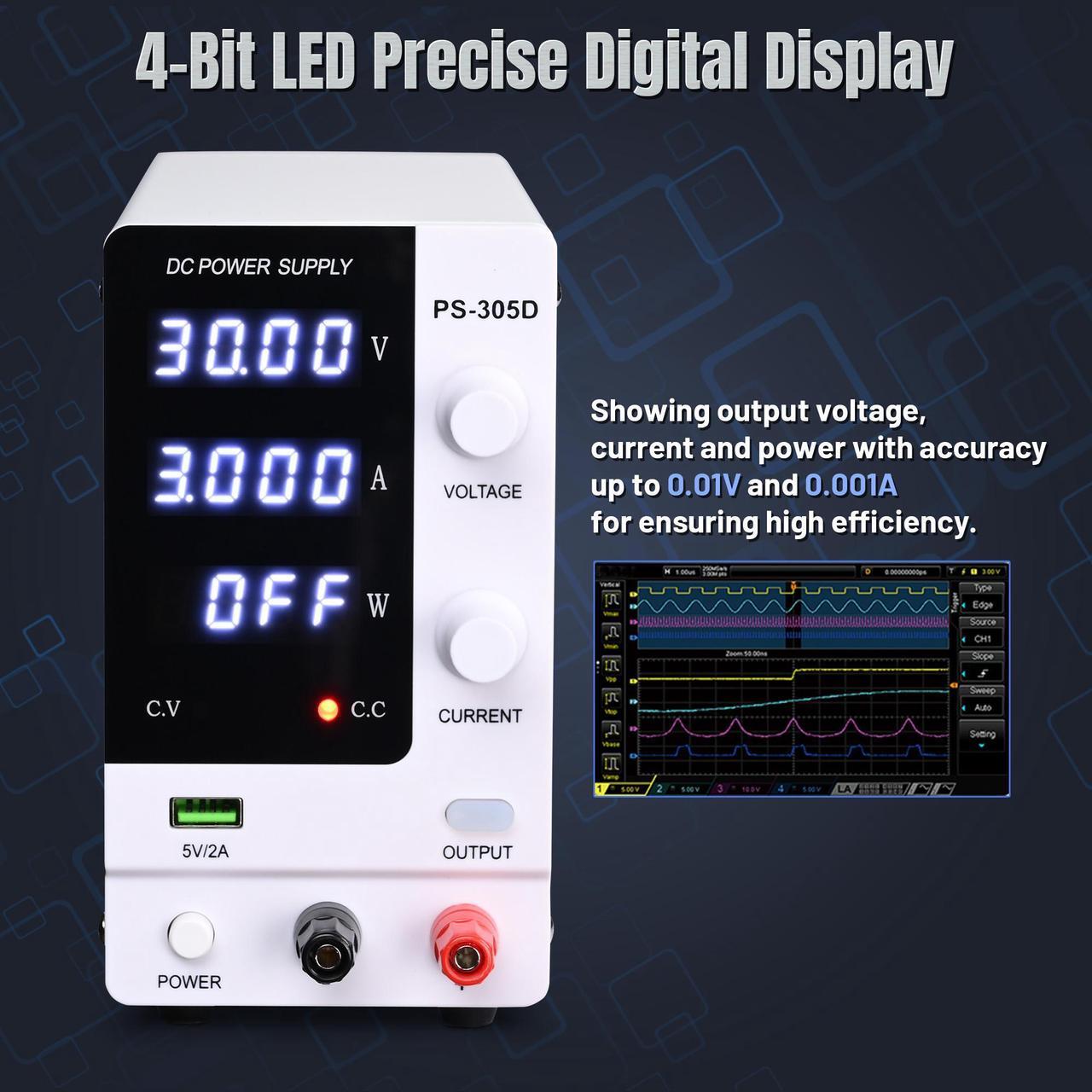 Alt view image 2 of 7 - DC Power Supply Variable 30V 5A Adjustable High Precision Digital w/Power Cord
