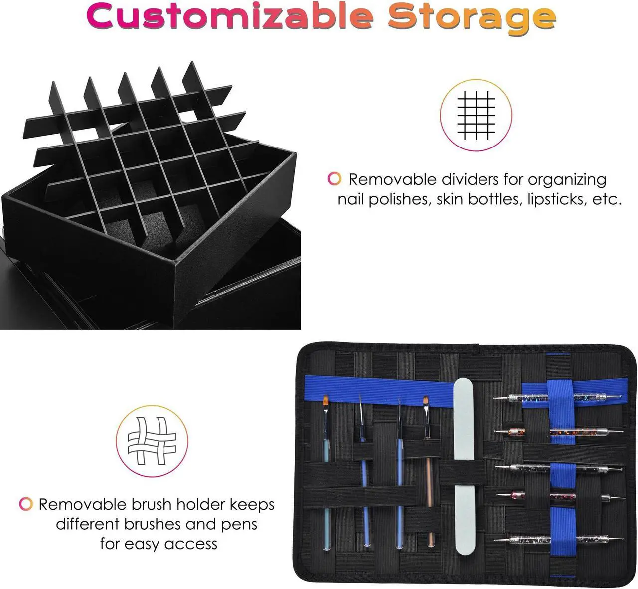 Alt view image 3 of 7 - Byootique Rolling Makeup Train Case Patented Design Pedicure Nail Salon Nail Foldable Trolley Cosmetic Organizer Black with Stool
