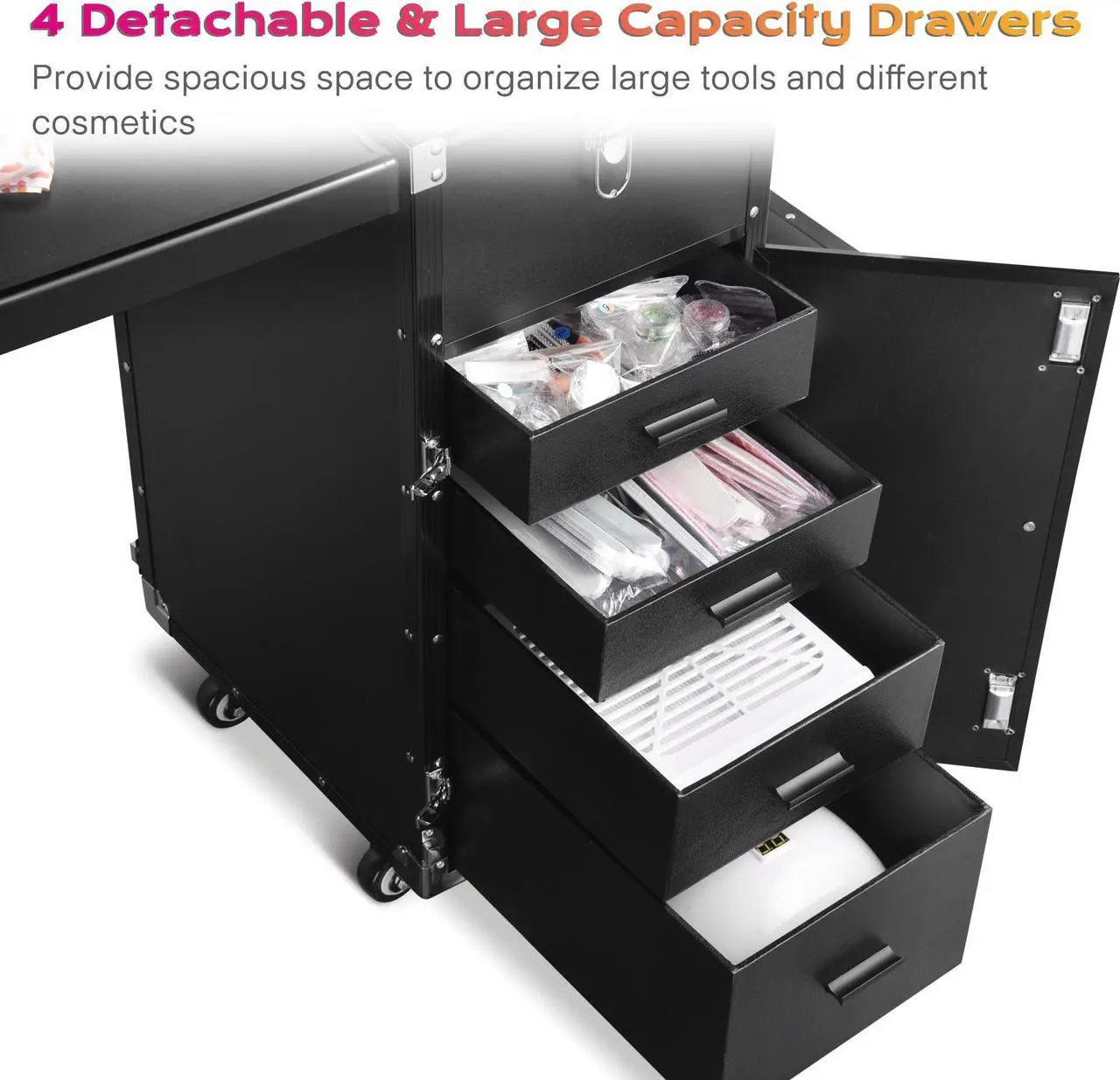 Alt view image 4 of 7 - Byootique Rolling Makeup Train Case Patented Design Pedicure Nail Salon Nail Foldable Trolley Cosmetic Organizer Black with Stool