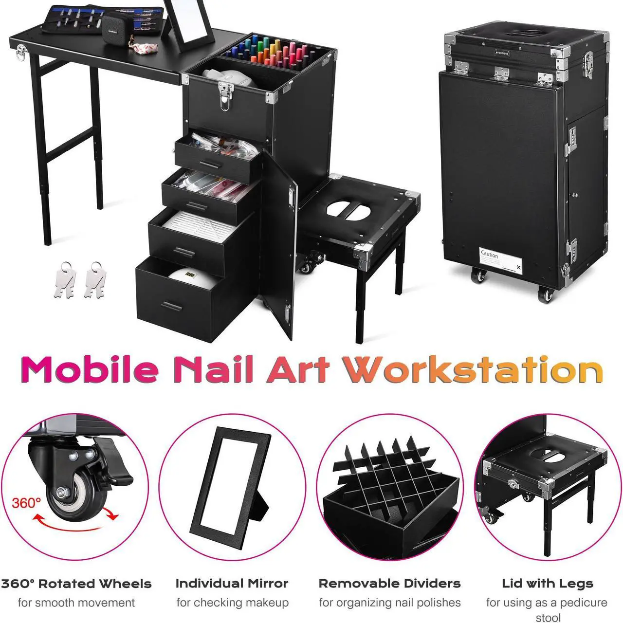 Alt view image 2 of 7 - Byootique Rolling Makeup Train Case Patented Design Pedicure Nail Salon Nail Foldable Trolley Cosmetic Organizer Black with Stool