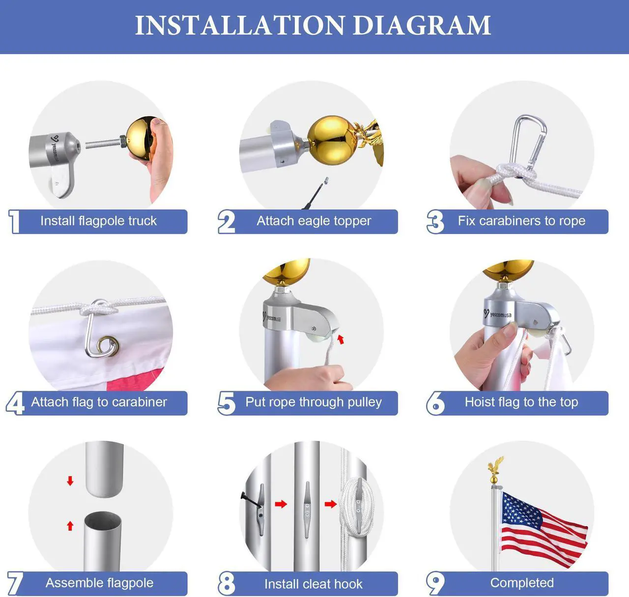 Alt view image 4 of 7 - Yescom Bravery 20Ft Eagle Topper Sectional Flag Pole Kit Aluminum Outside Inground Garden with 3'x5' USA Flag Silver