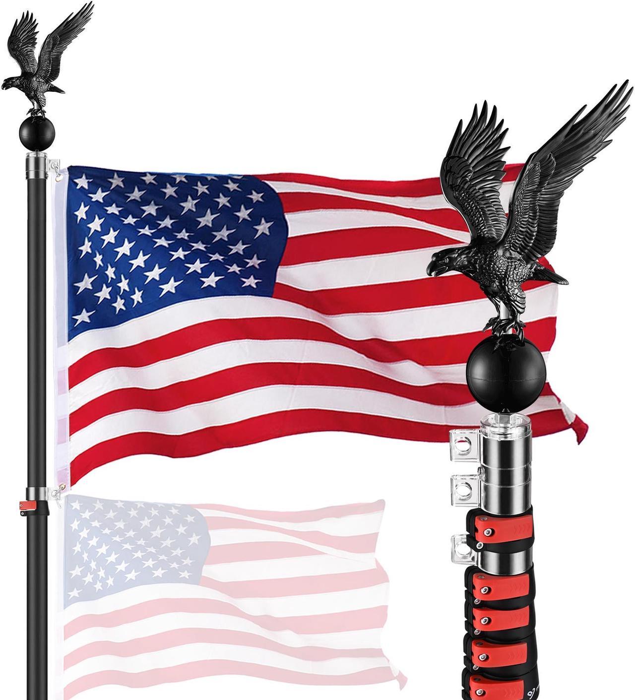 30 Ft Telescopic Aluminum Flag Pole Kit w/ Gold Ball & Eagle Topper US Flag Black