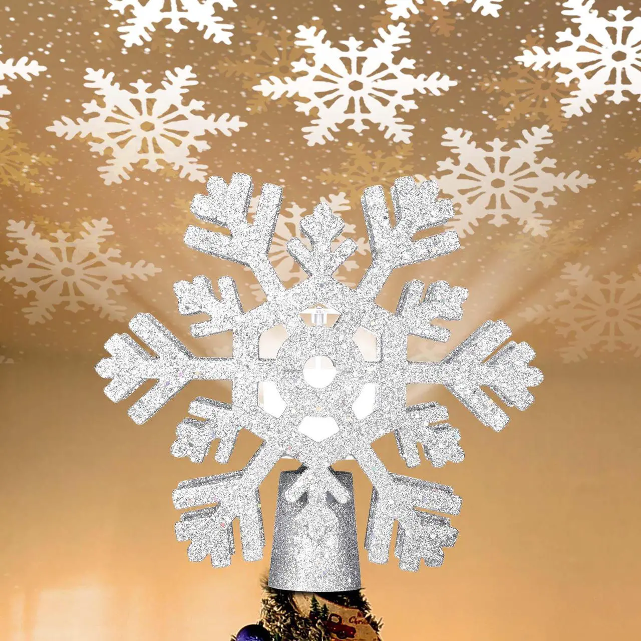 Main image of Yescom Christmas Tree Topper Star,3D Silver Snowflake Rotating Projector,LED Lights, Xmas Decoration