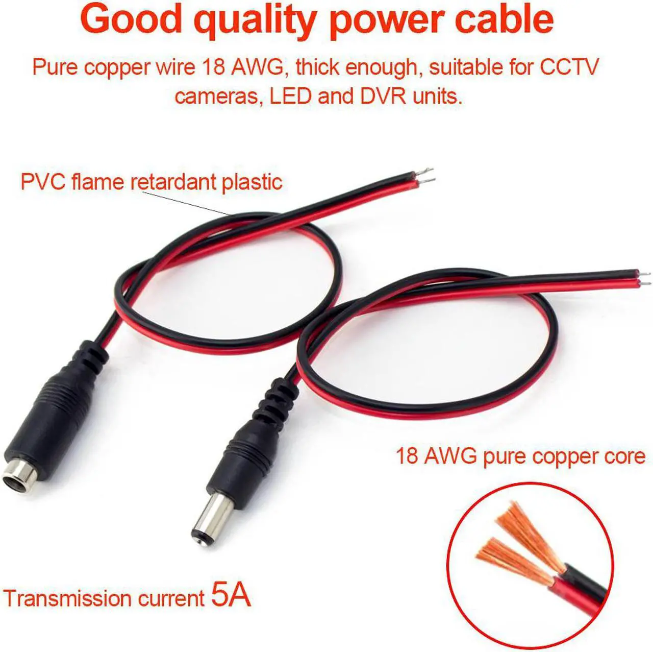 Alt view image 6 of 6 - 10 pack or pairs of DC Power Cable 12V 5A Plugs Male Female Connectors for CCTV Security Camera Pigtail Power Adapter Connectors (5.5mm x 2.1mm)