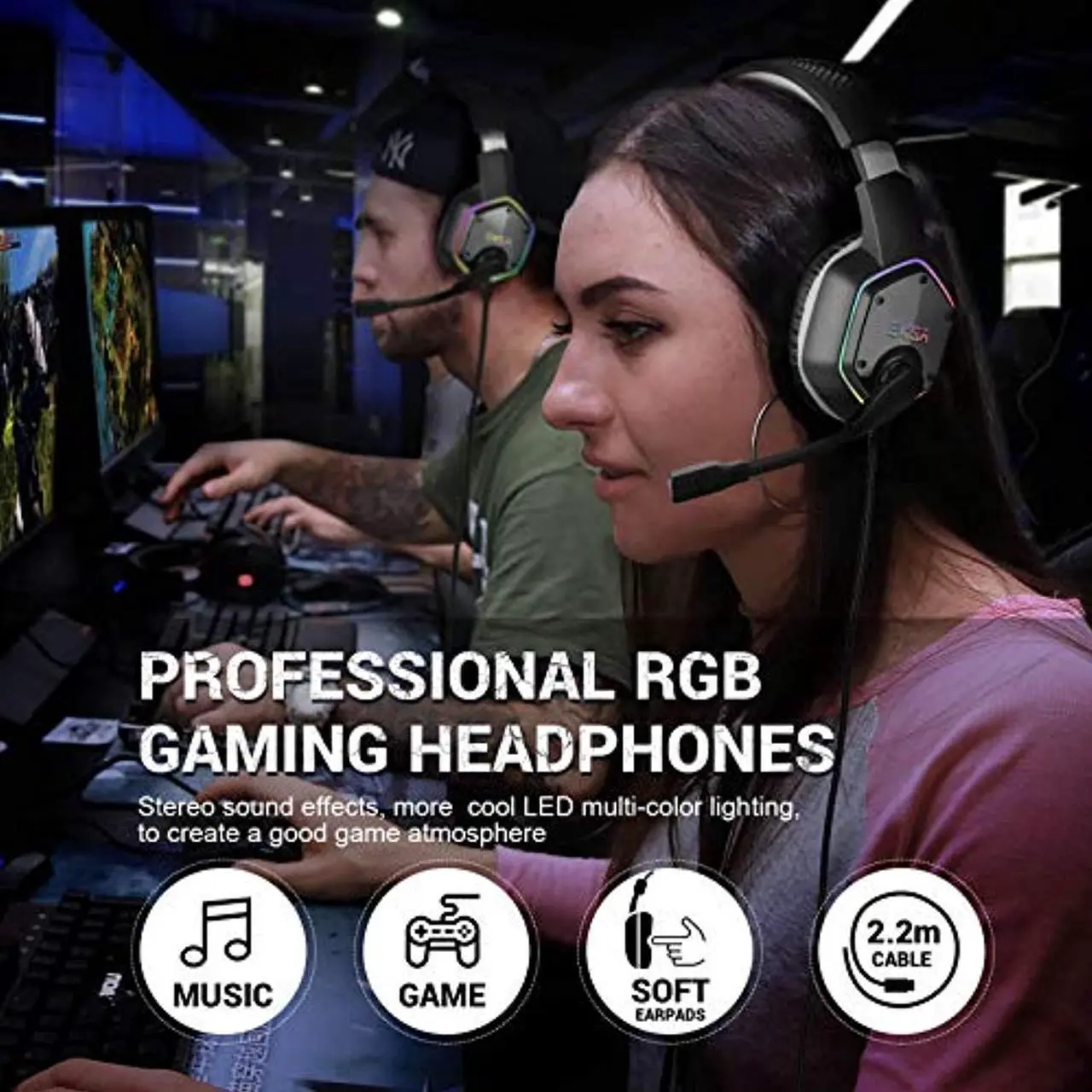 Alt view image 3 of 10 - EKSA USB Gaming Headset for PC - Computer Headphones with 7.1 Surround Sound Stereo Noise Canceling Mic/Microphone RGB Light - Gaming Headphones for PS4/PS5 Console Laptop (EKSA-E1000-parent-3)