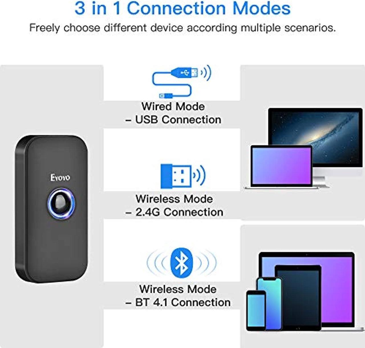 Alt view image 3 of 5 - Eyoyo Mini 1D Bluetooth Barcode Scanner, 3-in-1 Bluetooth  and  USB Wired  and  2.4G Wireless Barcode Reader Portable Bar Code Scanning Work with Windows, Android, iOS, Tablets or Computers (EY-009L)