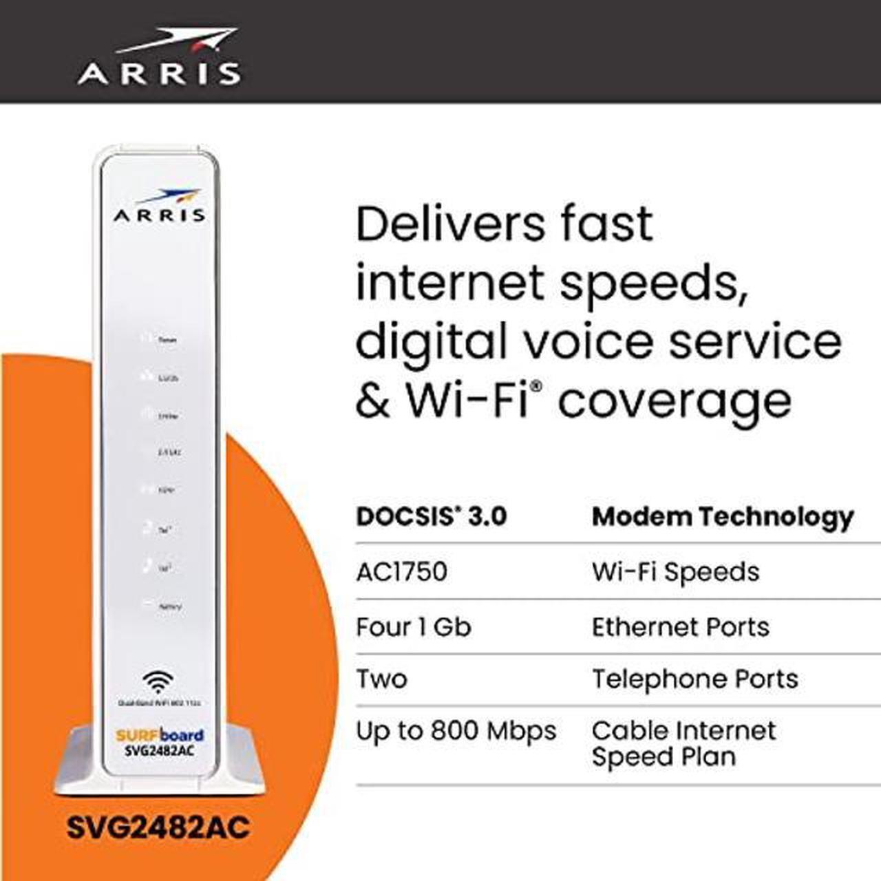 Alt view image 2 of 5 - ARRIS SURFboard SVG2482AC DOCSIS 3.0 Cable Modem & AC2350 Wi-Fi Router , Comcast Xfinity Internet & Voice , Four 1 Gbps Ports , 2 Telephony Ports for Digital Voice , Up to 800 Mbps