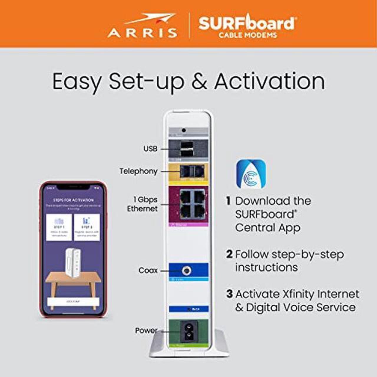 Alt view image 5 of 5 - ARRIS SURFboard SVG2482AC DOCSIS 3.0 Cable Modem & AC2350 Wi-Fi Router , Comcast Xfinity Internet & Voice , Four 1 Gbps Ports , 2 Telephony Ports for Digital Voice , Up to 800 Mbps