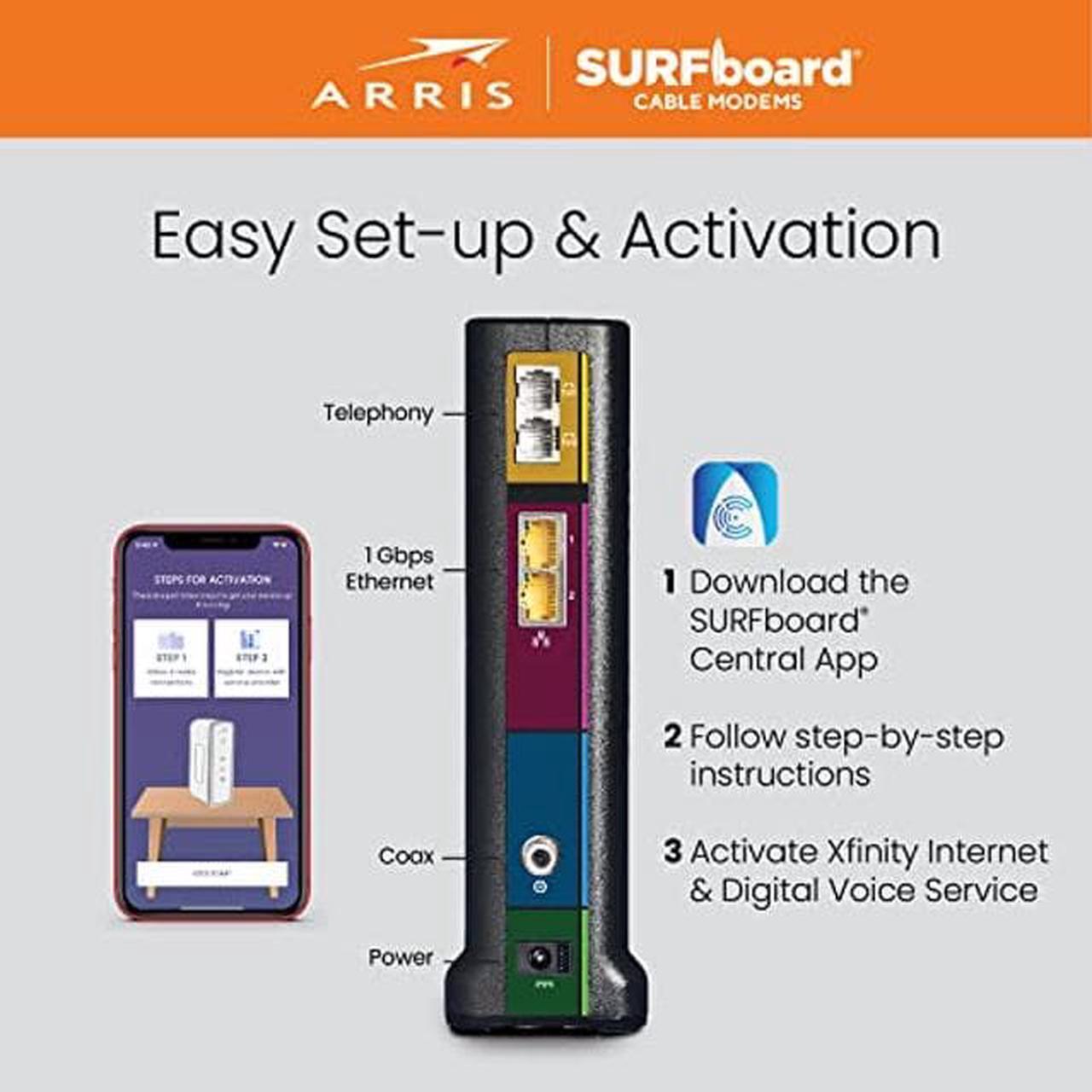 Alt view image 5 of 5 - ARRIS SURFboard T25 DOCSIS 3.1 Gigabit Cable Modem | Comcast Xfinity Internet & Voice | Two 1 Gbps Ports | 2 Telephony Ports | 800 Mbps Max with Xfinity Internet Plans | 2 Year Warranty