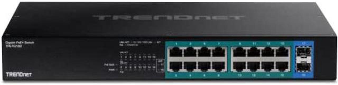 Alt view image 4 of 5 - TRENDnet 18-Port Gigabit PoE+ Switch, 16 x 30W PoE+ Ports, 2 Gigabit SFP Slots, 240W PoE Budget, 36Gbps Switching Capacity, 1U 19" Rack Mountable, Lifetime Protection, Black, TPE-TG182