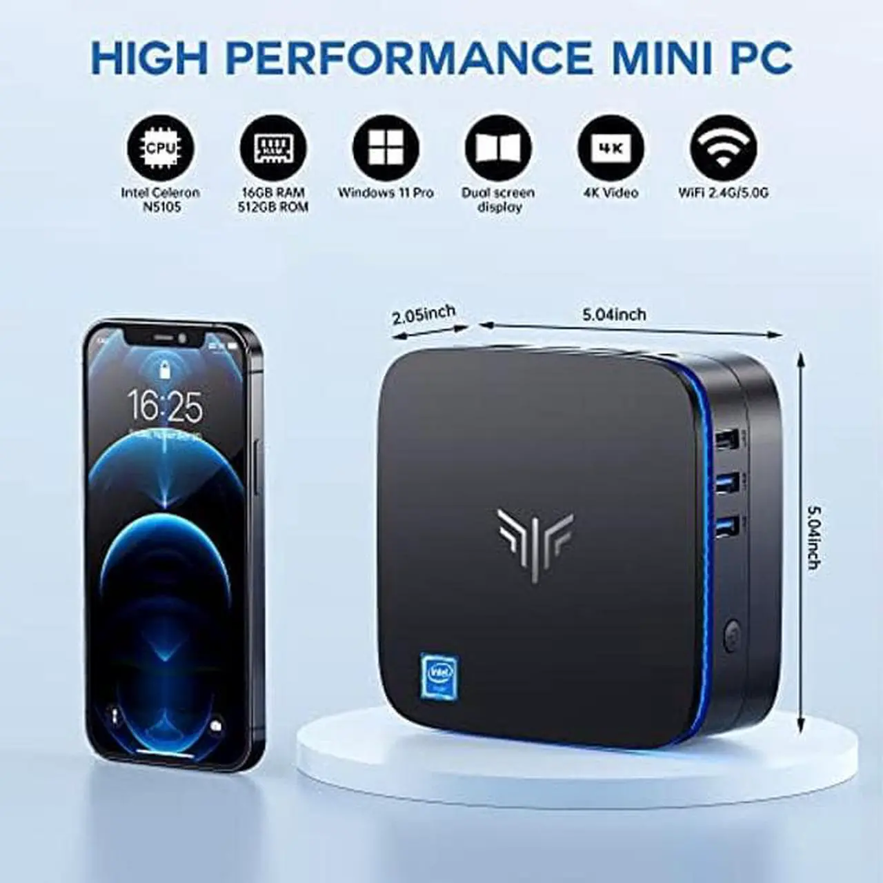 Alt view image 3 of 5 - KAMRUI [Bundle] AK1 PRO Mini PC with Wireless Keyboard and Mouse Combo, 16GB RAM/512GB SSD Mini Desktop Computer Intel Celeron N5105 Processor for School Home Office
