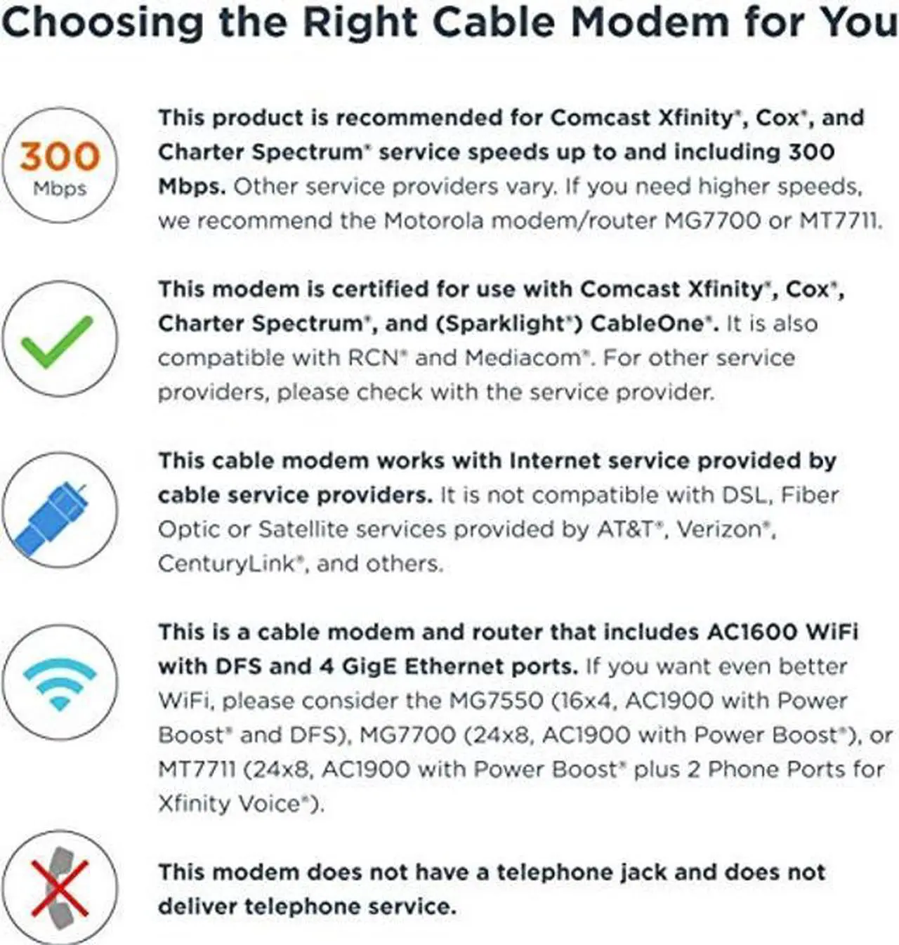 Alt view image 2 of 5 - MOTOROLA MG7540 16x4 Cable Modem Plus AC1600 Dual Band Wi-Fi Gigabit Router with DFS, 686 Mbps Maximum DOCSIS 3.0 - Approved by Comcast Xfinity, Cox, Charter Spectrum, More