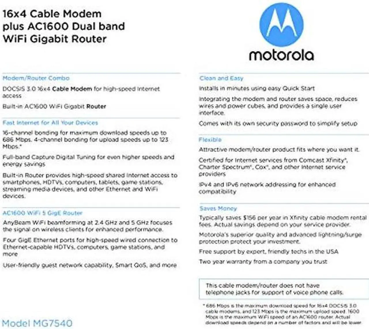 Alt view image 4 of 5 - MOTOROLA MG7540 16x4 Cable Modem Plus AC1600 Dual Band Wi-Fi Gigabit Router with DFS, 686 Mbps Maximum DOCSIS 3.0 - Approved by Comcast Xfinity, Cox, Charter Spectrum, More