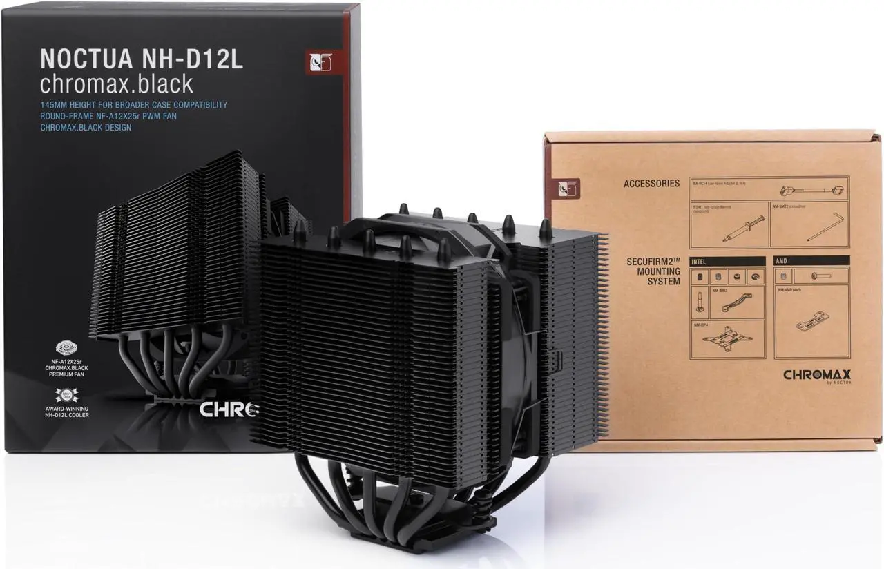 Alt view image 4 of 5 - Noctua NH-D12L chromax.Black, Low-Height Dual-Tower CPU Cooler (120mm, Black)