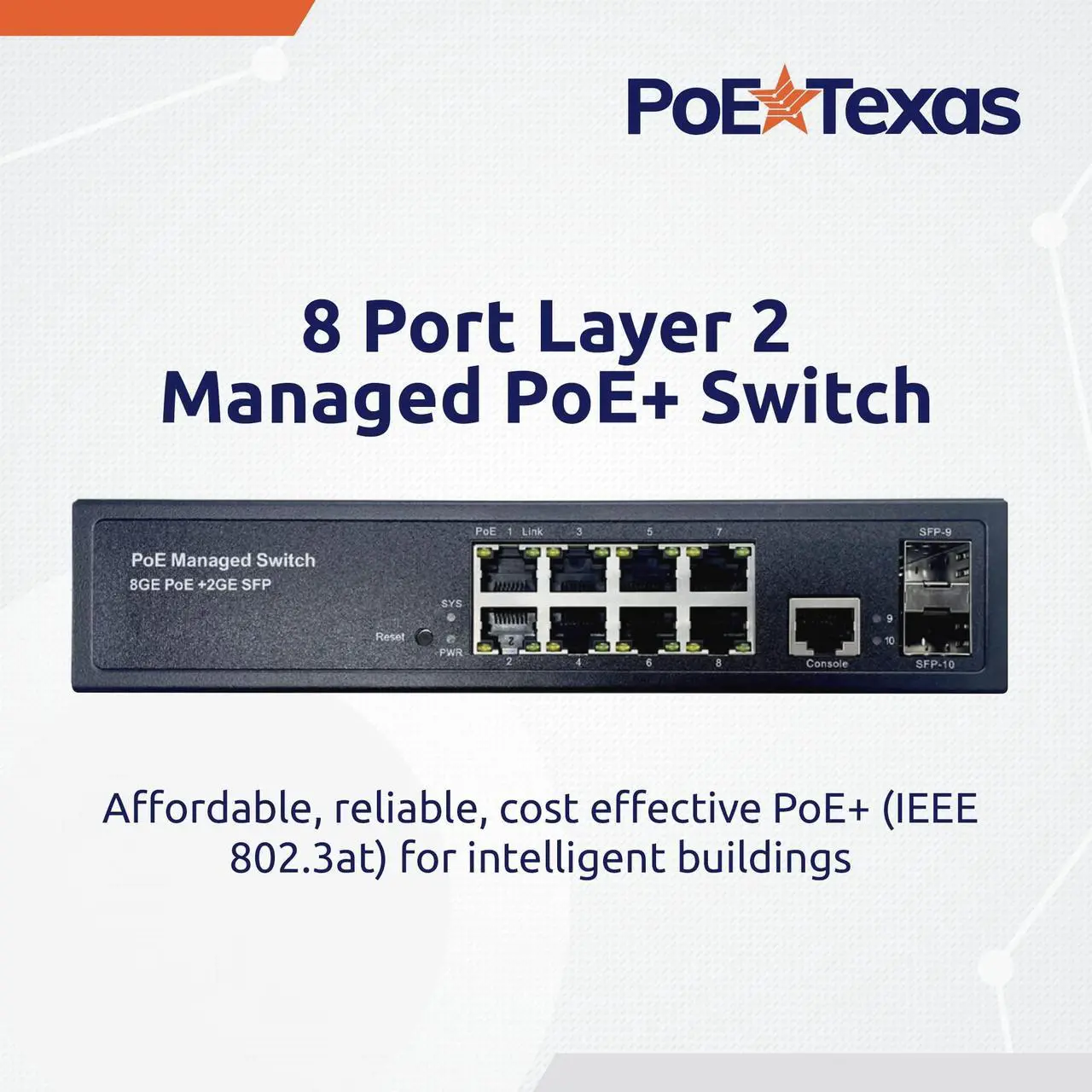 Alt view image 2 of 5 - 8-Port Managed Network Switch - Layer 2 PoE+ Managed Switch (IEEE 802.3at) - Shelf Mount 150W Gigabit 1 Gig Power Over Ethernet for Intelligent Buildings - Smart Support, IGMP, VLAN, QoS, DHCP