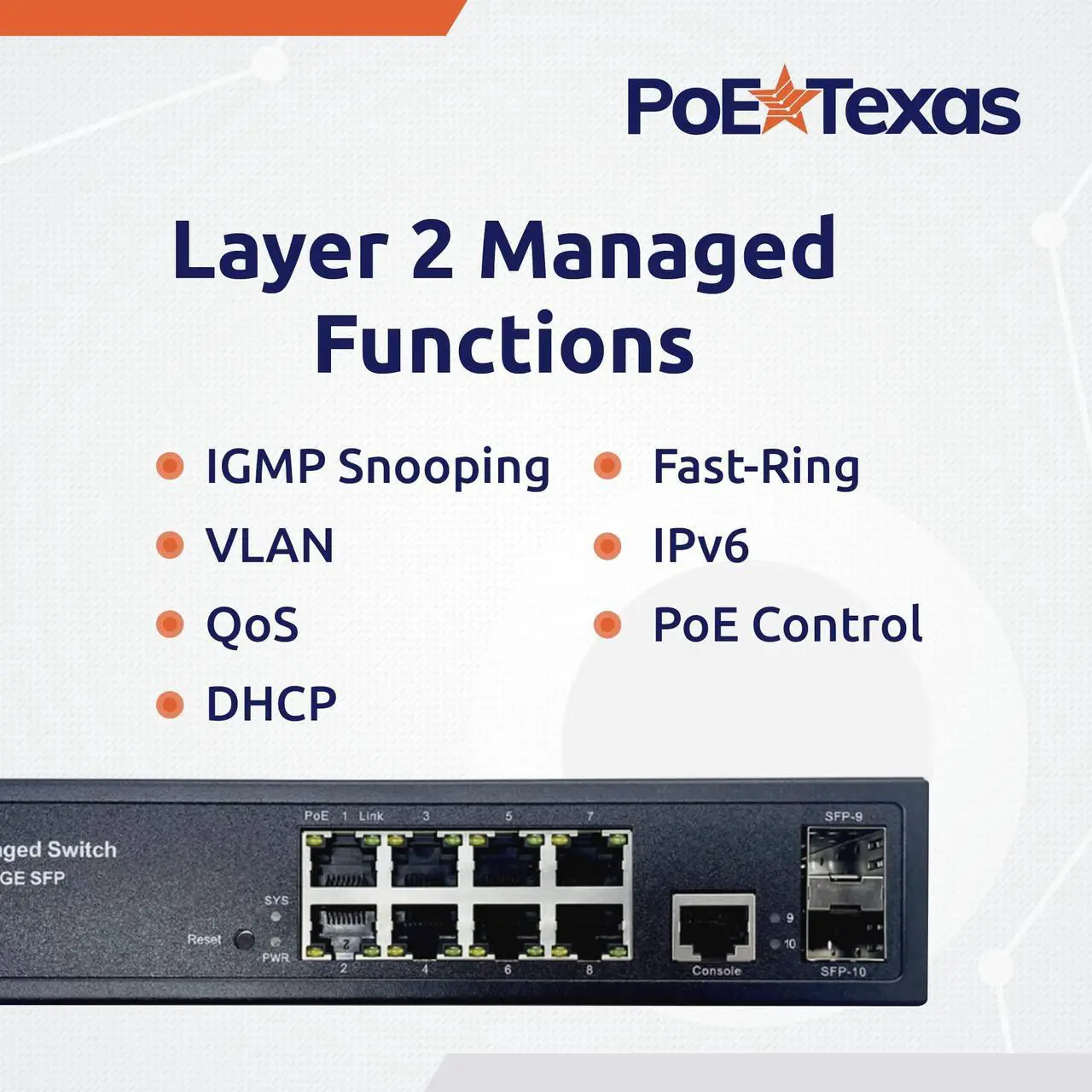 Alt view image 5 of 5 - 8-Port Managed Network Switch - Layer 2 PoE+ Managed Switch (IEEE 802.3at) - Shelf Mount 150W Gigabit 1 Gig Power Over Ethernet for Intelligent Buildings - Smart Support, IGMP, VLAN, QoS, DHCP