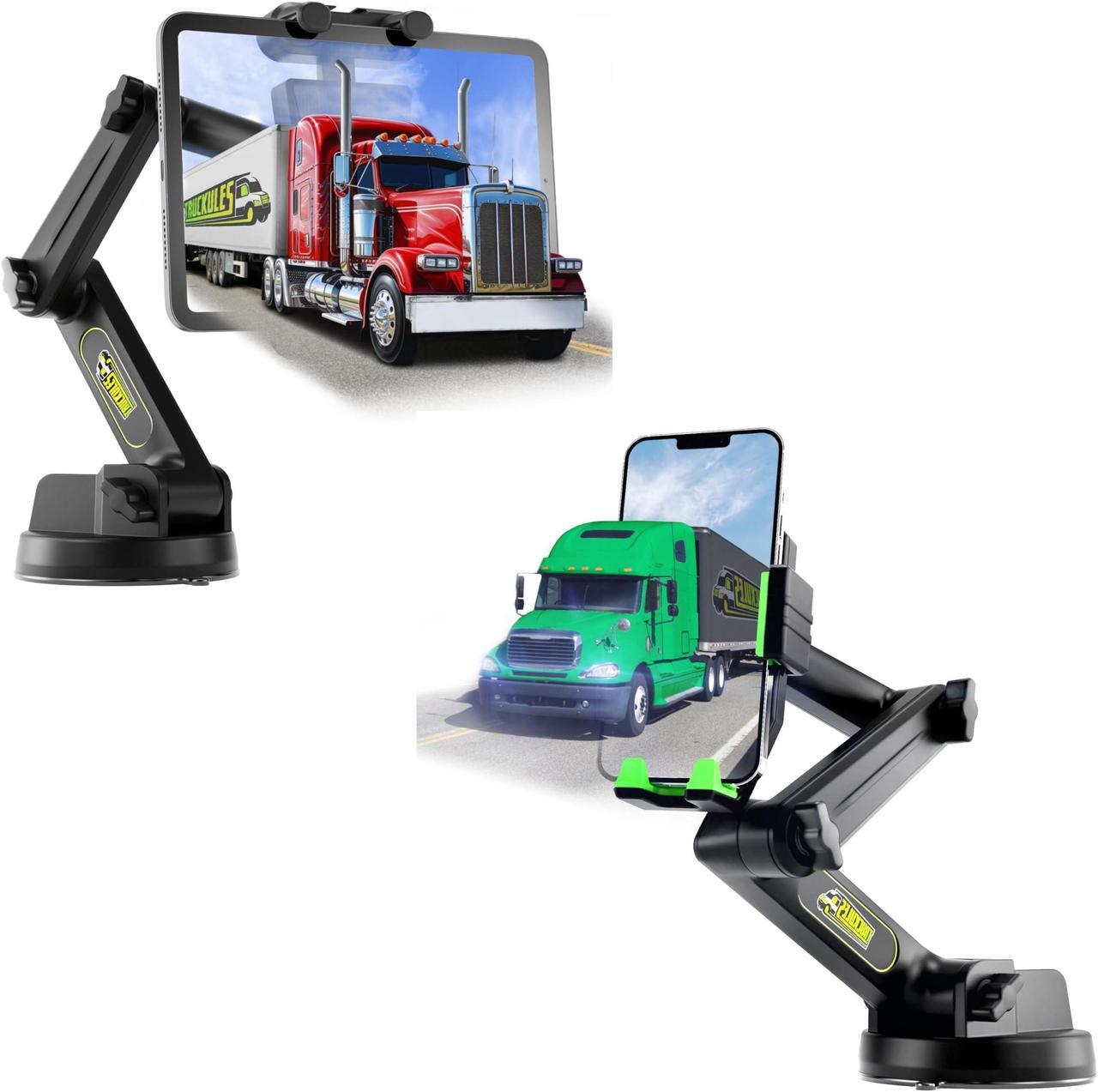 Main image of Big Rig Truck Tablet Mount + Green Semi Truck Phone Mount, Heavy Duty Tablet & iPad Mount, Cell Phone Holder for Dashboard Windshield, Stable Suction Cup (1 Tablet Mount + 1 Phone Mount)