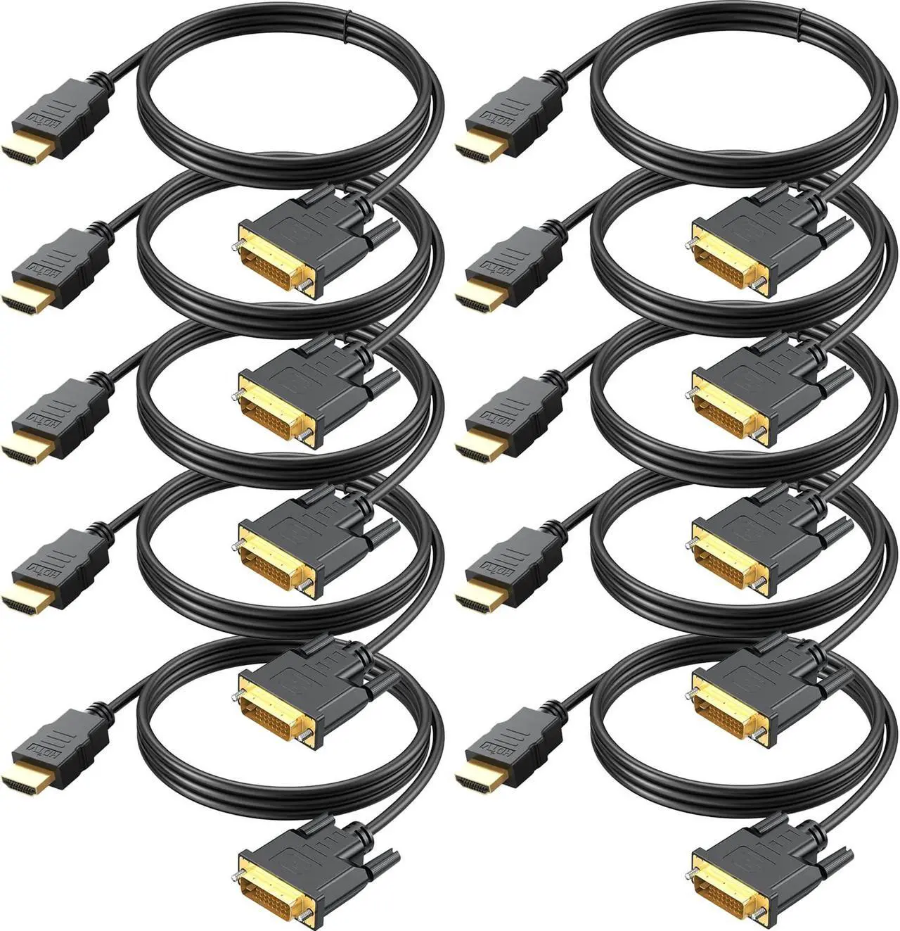 Main image of HDMI to DVI Cable 10-Pack, 6.6 Ft Bidirectional DVI-D to HDMI Male to Male High Speed Adapter Cable Support 1080P Full HD (10, Black)