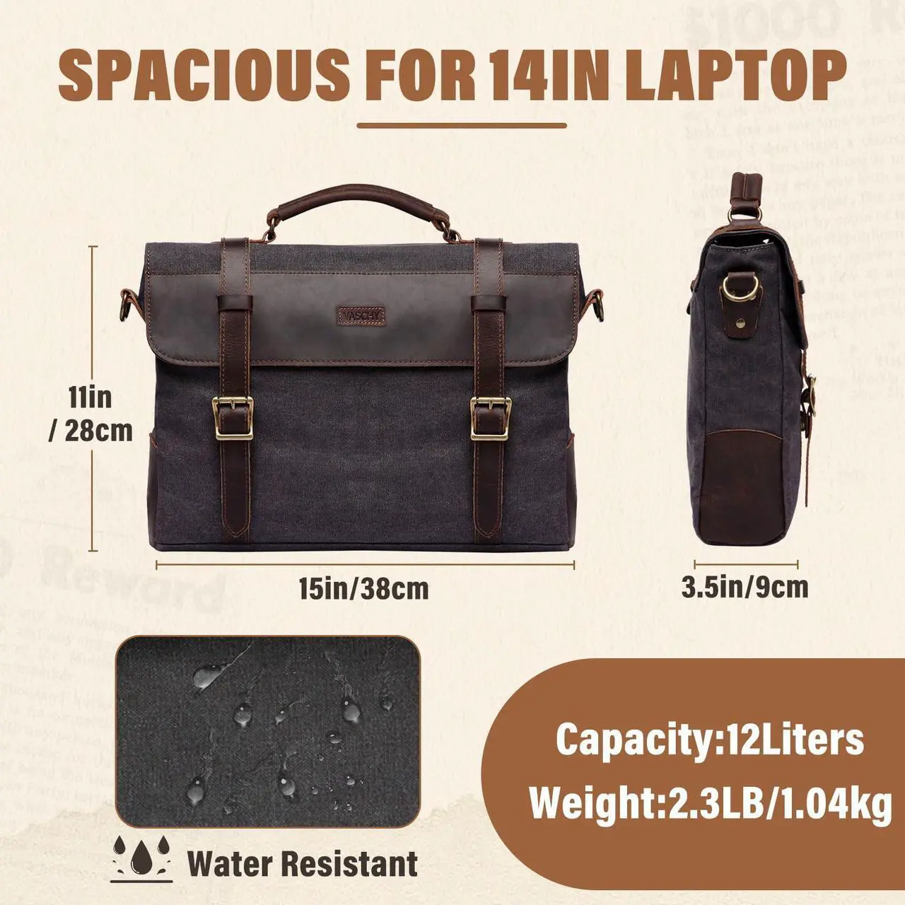 Alt view image 2 of 5 - Leather Messenger Bag for Men,Vintage Canvas Shoulder Bag Business Briefcase Satchel 14inc Laptop Computer Bag for Work Gray