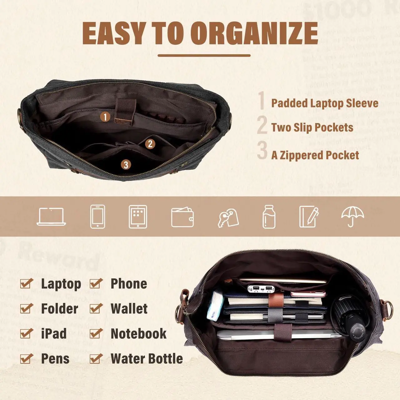 Alt view image 4 of 5 - Leather Messenger Bag for Men,Vintage Canvas Shoulder Bag Business Briefcase Satchel 14inc Laptop Computer Bag for Work Gray