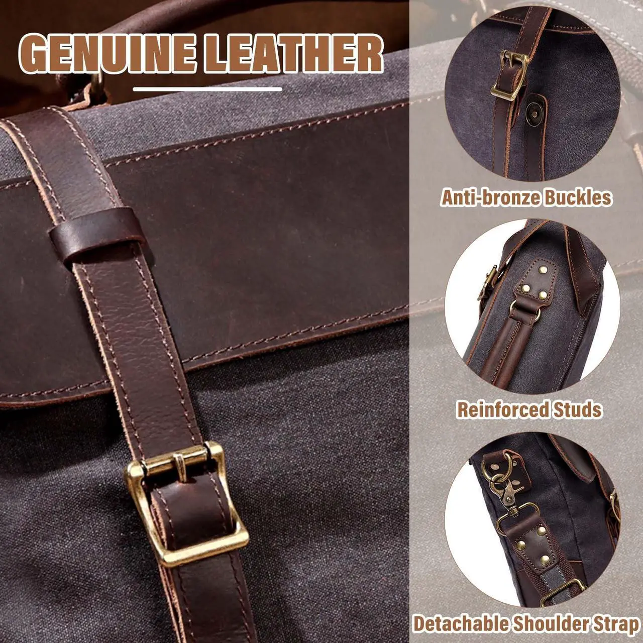 Alt view image 3 of 5 - Leather Messenger Bag for Men,Vintage Canvas Shoulder Bag Business Briefcase Satchel 14inc Laptop Computer Bag for Work Gray