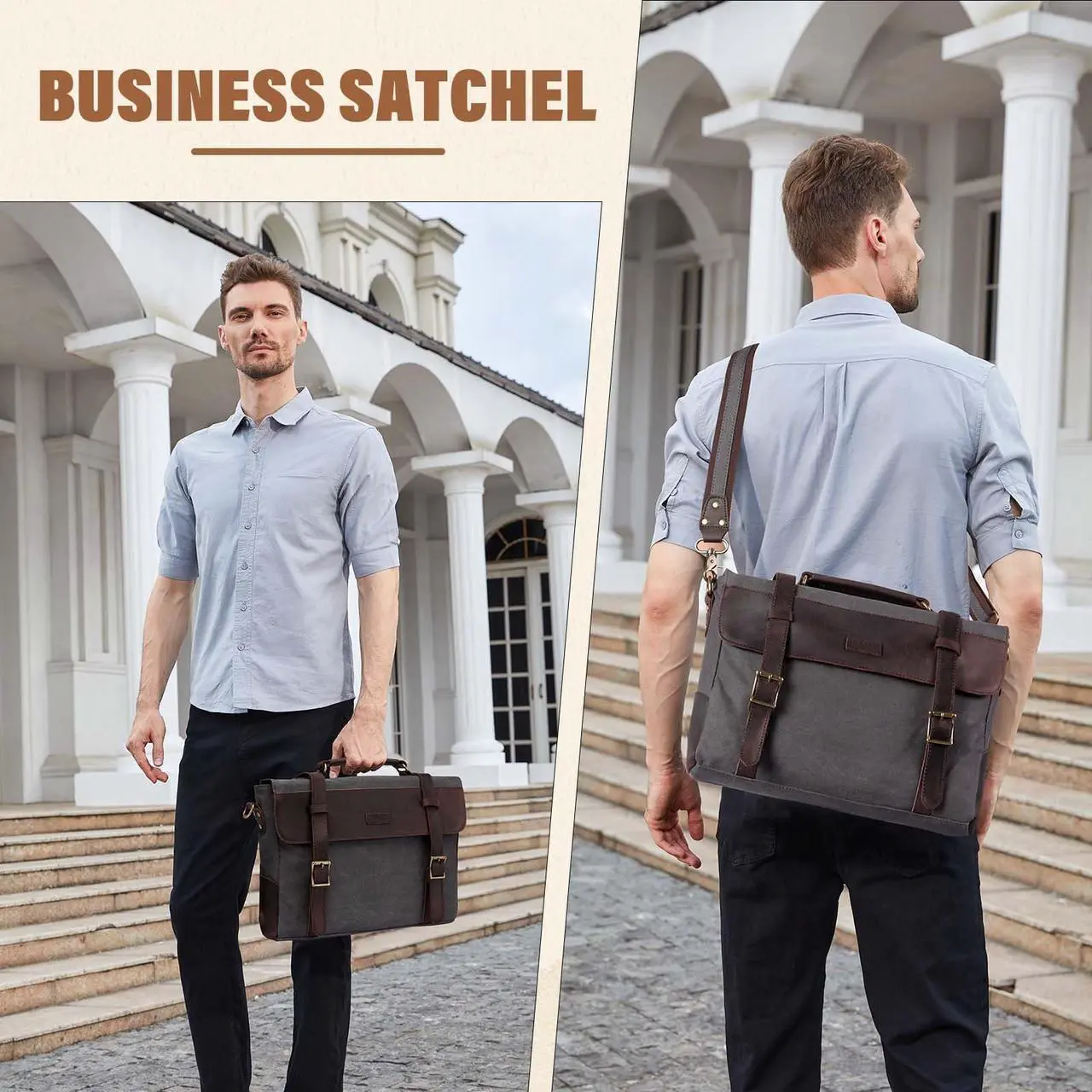 Alt view image 5 of 5 - Leather Messenger Bag for Men,Vintage Canvas Shoulder Bag Business Briefcase Satchel 14inc Laptop Computer Bag for Work Gray