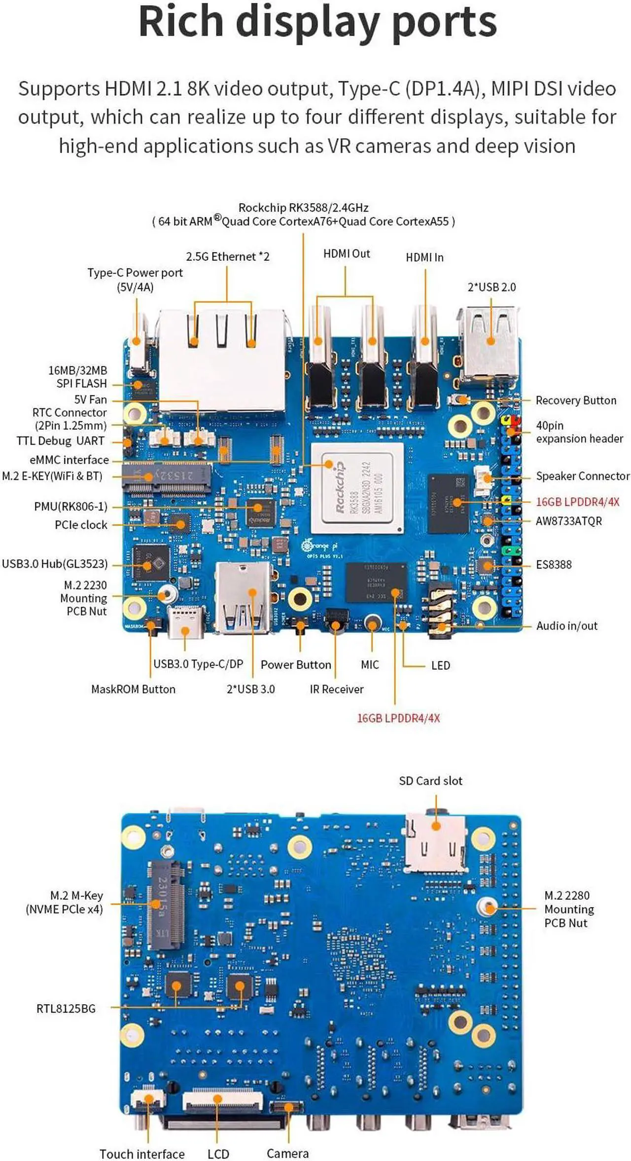 Alt view image 4 of 5 - Generic Orange Pi 5 Plus 32GB LPDDR4X RK3588 8 Core 64 Bit Single Board Computer, 2.4GHz Frequency Open Source Development Board Run Orange Pi OS, Android, Debian, Ubuntu (Pi 5 Plus 32GB)