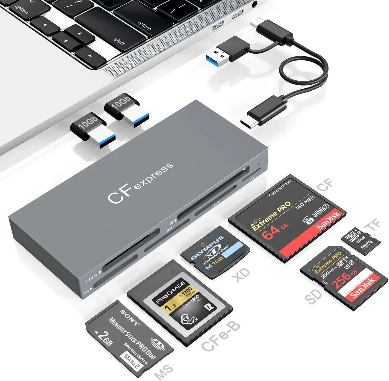Main image of 8 in 1 CFexpress Type B Card Reader with 2 10Gb USB, USB3.2 Gen2 10Gbps CF Express Reader hub for CFexpress Type B/SD/TF/CF/XD/MS/USB, CFexpress Adapter Hub Read 6 Cards and 2USB Simultaneously