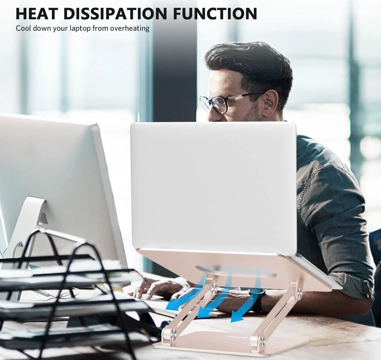 Alt view image 4 of 5 - BoYata Laptop Stand, Adjustable Ergonomic Laptop Holder, Aluminium Alloy Notebook Stand Compatible for MacBook Pro/Air, Dell XPS, Lenovo, Samsung Laptops Up to 17 inches-Champagne Gold