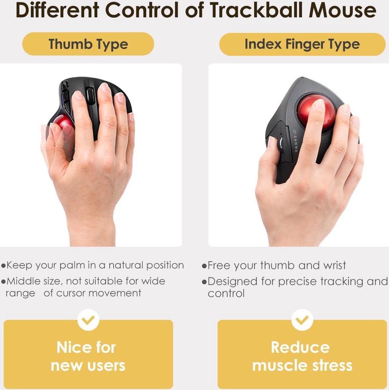 Alt view image 3 of 5 - SANWA Bluetooth 5.1 + 2.4 G Wireless Ergonomic Trackball Mouse, Finger Control Roller Ball Mouse, 3 Device Switch, Silent Programmable Buttons, 1000/1600/2400 DPl, Compatible with PC, Windows, MacOS