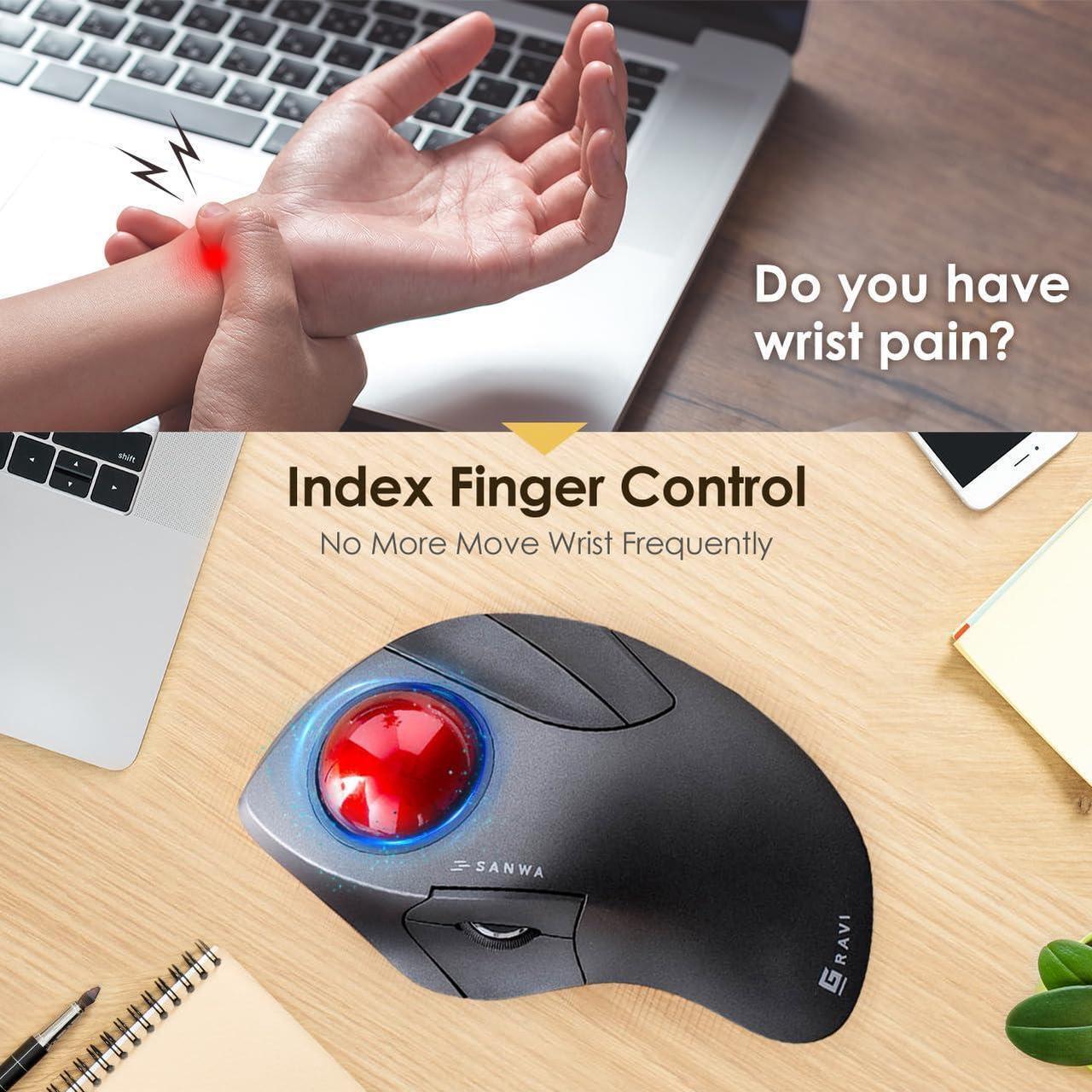 Alt view image 2 of 5 - SANWA Bluetooth 5.1 + 2.4 G Wireless Ergonomic Trackball Mouse, Finger Control Roller Ball Mouse, 3 Device Switch, Silent Programmable Buttons, 1000/1600/2400 DPl, Compatible with PC, Windows, MacOS