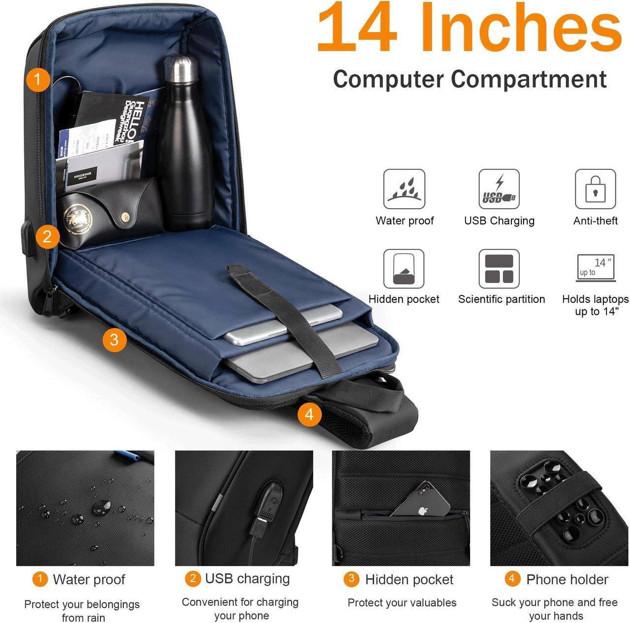 Alt view image 2 of 5 - Kingsons Laptop Sling Backpack Sling Bag - Hiking Daypack 13 Inch Travel Bags for Men, Single Shoulder Dayback with USB Charging Port for Commuting
