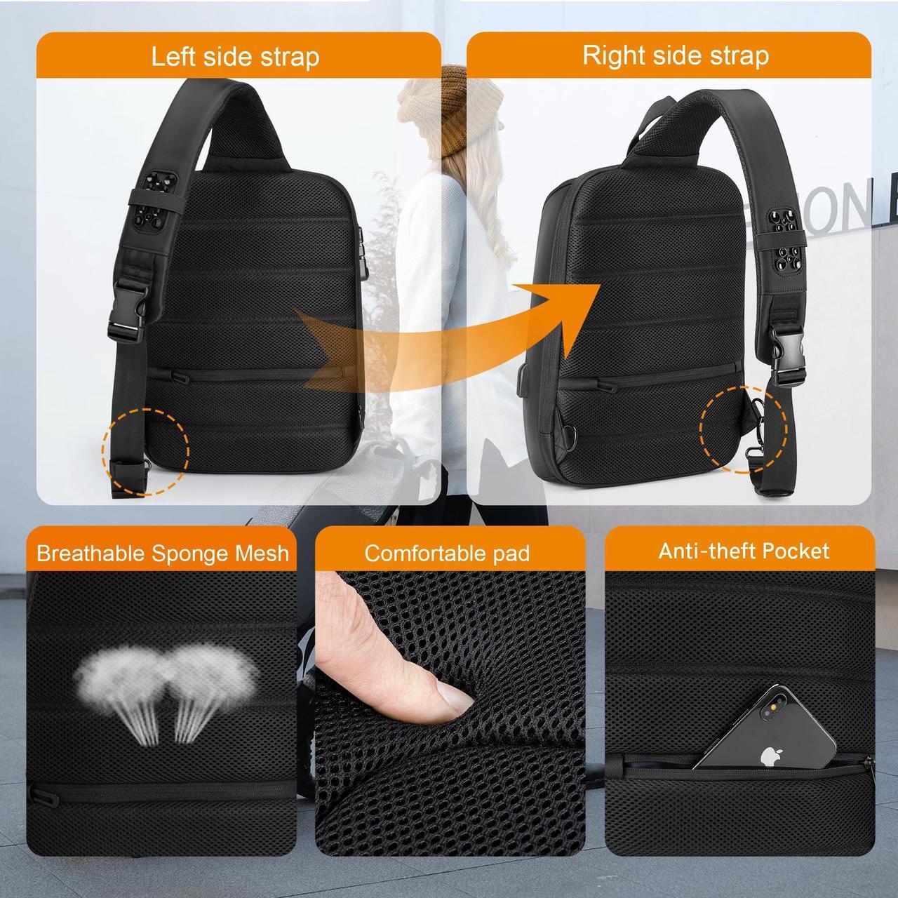 Alt view image 3 of 5 - Kingsons Laptop Sling Backpack Sling Bag - Hiking Daypack 13 Inch Travel Bags for Men, Single Shoulder Dayback with USB Charging Port for Commuting