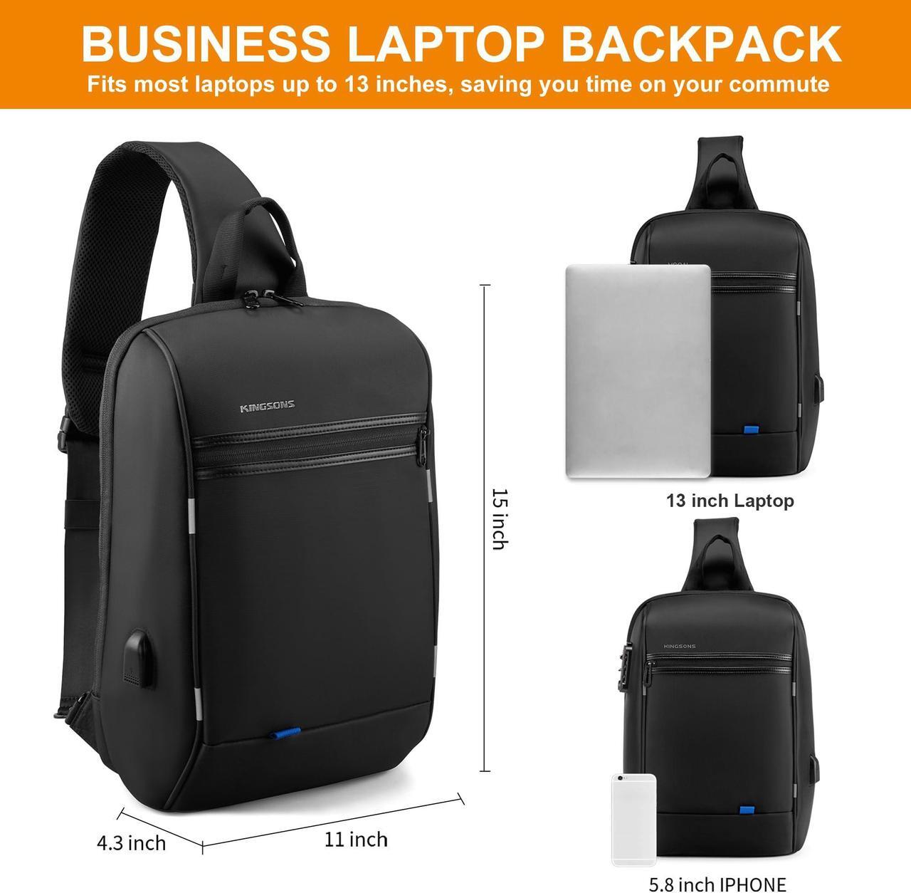 Alt view image 4 of 5 - Kingsons Laptop Sling Backpack Sling Bag - Hiking Daypack 13 Inch Travel Bags for Men, Single Shoulder Dayback with USB Charging Port for Commuting