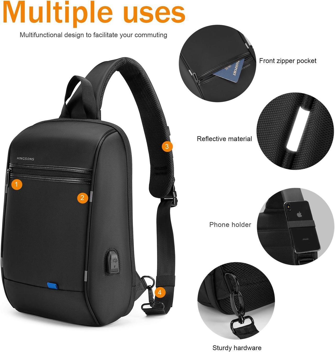 Alt view image 5 of 5 - Kingsons Laptop Sling Backpack Sling Bag - Hiking Daypack 13 Inch Travel Bags for Men, Single Shoulder Dayback with USB Charging Port for Commuting