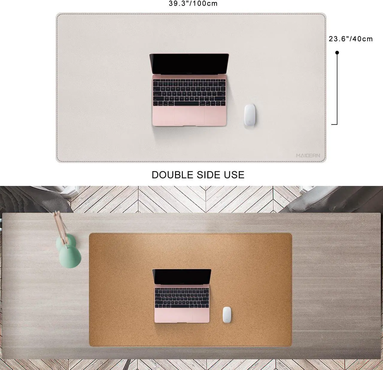 Alt view image 2 of 5 - MAIDERN 40"x 24" Leather Desk Pad, Reversible Large Desk Mat, Cork & Leather Large mouse pad for desk, Waterproof Computer Desk Pad for Gaming Home Office (Cream)
