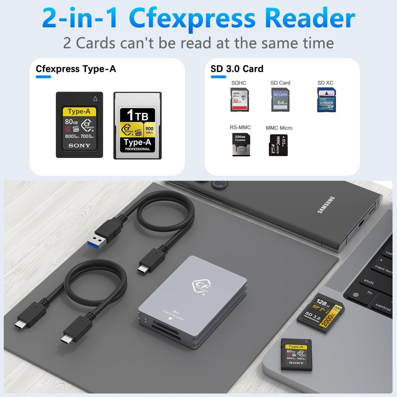Alt view image 2 of 5 - CFexpress Type A & SD Two-Slot Card Reader, CFexpress Reader Type A Adapter Memory Card Reader with 10Gbps USB 3.2 Gen 2, USB C to USB C/USB A Cable for Windows/Mac OS/Linux/Android