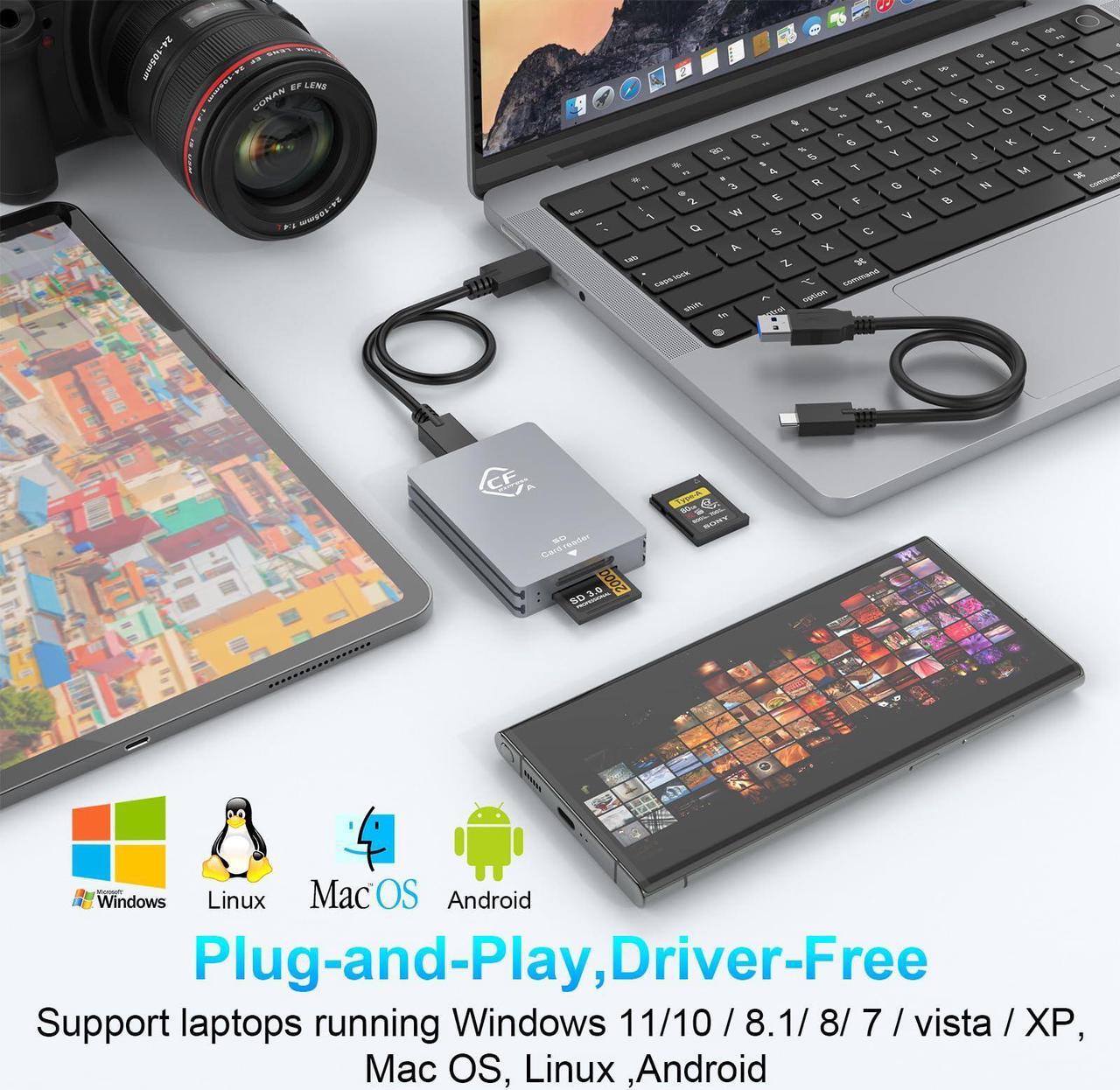 Alt view image 5 of 5 - CFexpress Type A & SD Two-Slot Card Reader, CFexpress Reader Type A Adapter Memory Card Reader with 10Gbps USB 3.2 Gen 2, USB C to USB C/USB A Cable for Windows/Mac OS/Linux/Android