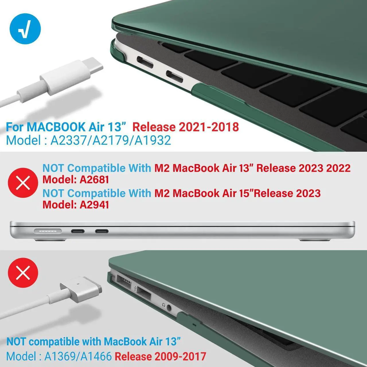 Alt view image 4 of 5 - IBENZER Compatible with New MacBook Air 13 inch Case 2022 2021 2020 M1 A2337 A2179 A1932, Hard Shell Case & Sleeve & Keyboard Cover & Type C for Mac Air 13 with Touch ID, Midnight Green, MAT13-MTGN+3A