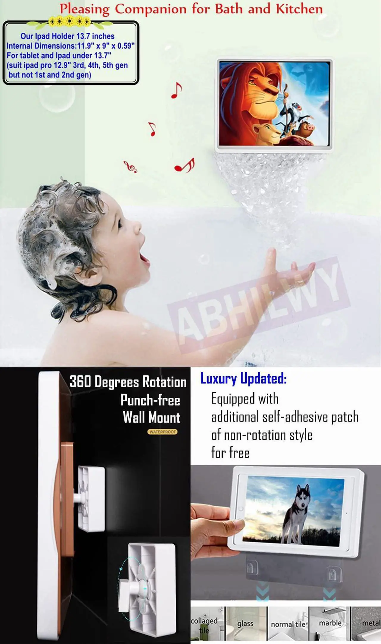 Alt view image 2 of 5 - ABHILWY Shower Ipad Holder Waterproof Wall Mounted Upgrade,Bathroom Tablet Case Mount Shelf Rotation,Adhesive Touchable Cradle with Glass Mirror Anti-Fog Screen for Kitchen 12.9 inches Luxury